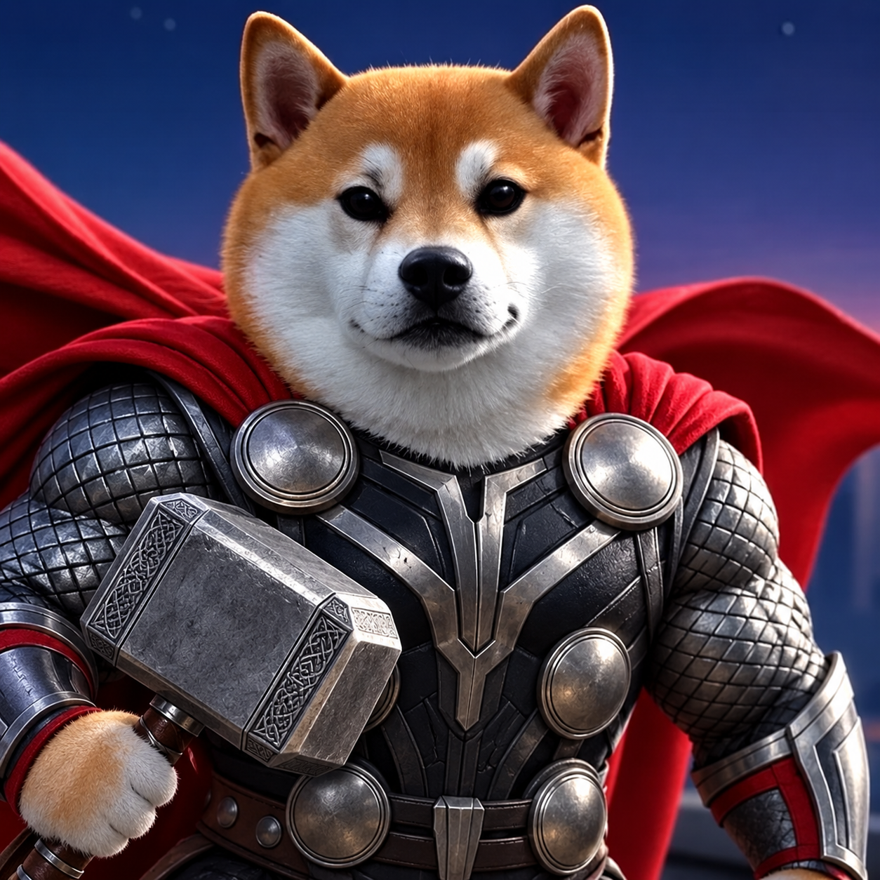 A Shiba Inu dressed as a Norse thunder hero, holding a hammer